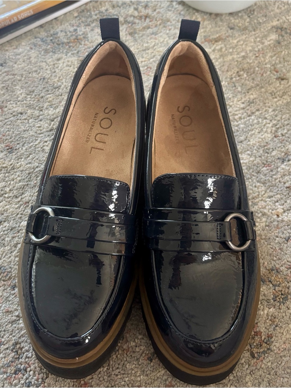 Soul Naturalizer navy Patent Loafers with Silver Buckle women’s 7